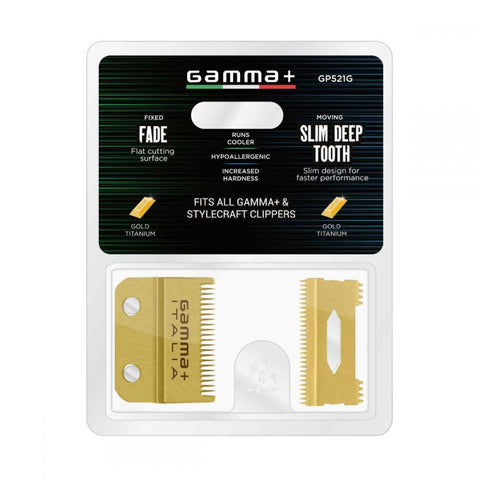 Gamma+ Replacement Fixed Gold Titanium Fade Hair Clipper Blade With Moving Gold Titanium Slim Tooth Cutter Set