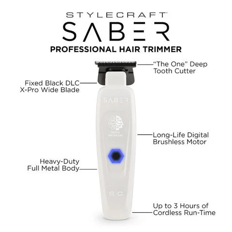 Stylecraft Saber Professional Hair Trimmer with Digital Brushless Motor - White