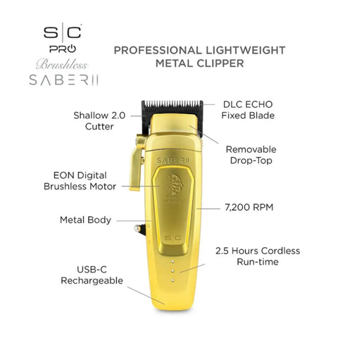 Stylecraft Saber 2 Professional Cordless Modular Hair Clipper with High-Torque Digital Brushless Motor - Gold