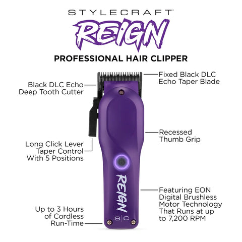 Stylecraft Reign Professional Hair Clipper with EON Digital Brushless Motor - Purple