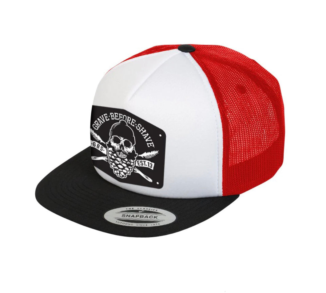 GRAVE BEFORE SHAVE™ Trucker Hat - (Pine Logo) Red, Black, and White