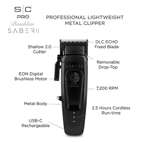 Stylecraft Saber 2 Professional Cordless Modular Hair Clipper with High-Torque Digital Brushless Motor - Black