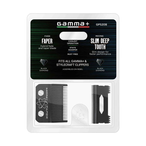 Gamma+ Fixed Black Diamond Carbon DLC Faper Blade with Moving Black Diamond Carbon Slim Tooth Cutter Clipper Blade Set