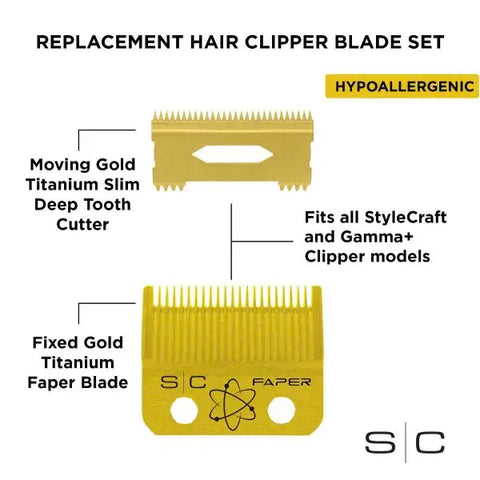 Stylecraft Replacement Fixed Gold Titanium Faper Hair Clipper Blade with Moving Slim Deep Cutter Set