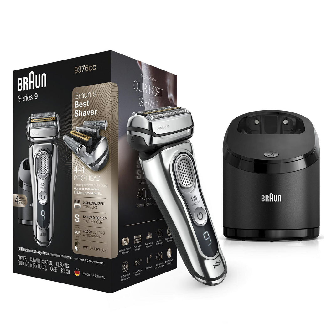 Braun Series 9 Chrome Electric Razor with Clean and Charge station and Travel Case #9376cc