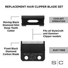 Load image into Gallery viewer, Stylecraft Replacement Fixed Black Diamond Carbon DLC Faper Hair Clipper Blade with Moving Black Diamond Carbon Slim Deep Tooth Cutter set
