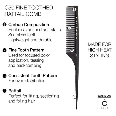 Cricket Carbon Comb C50 Fine Toothed Rattail Comb