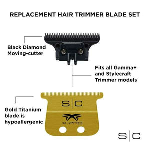 Stylecraft Replacement Fixed Gold Titanium X-Pro Wide Hair Trimmer Blade With Black Diamond Carbon DLC Deep Tooth Cutter Set