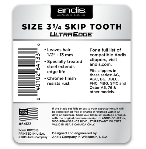 Andis UltraEdge® Detachable Blade, Size 3 3/4 Skip Tooth